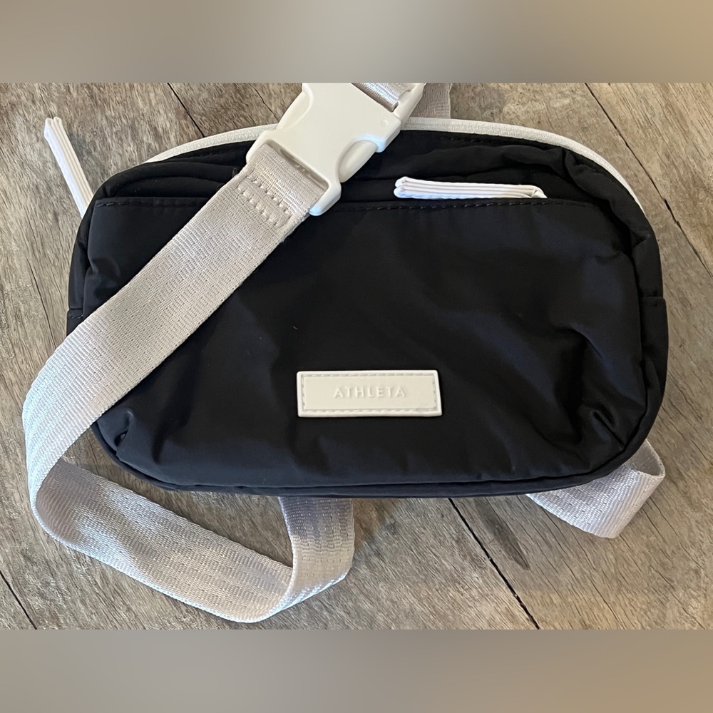 Athleta Black Belt Crossbody Bag with White Accents